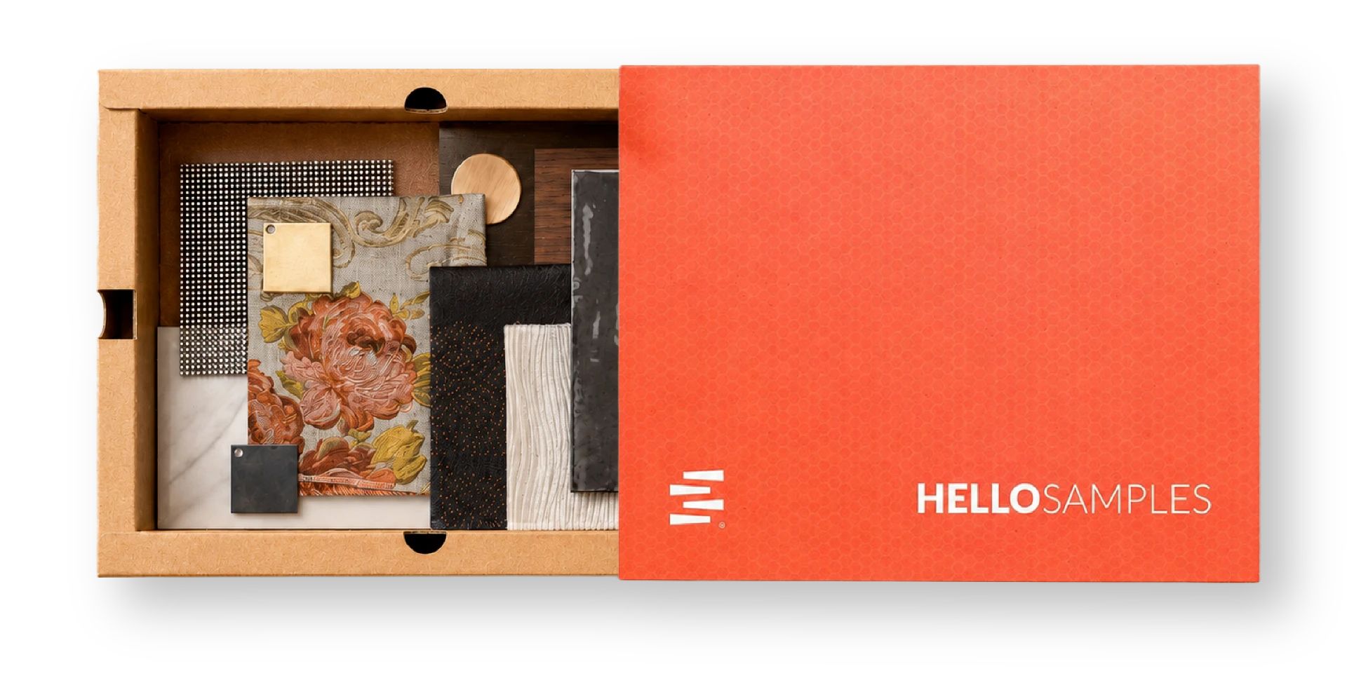 An open Swatchbox filled with fabric, stone, metal and wood material samples