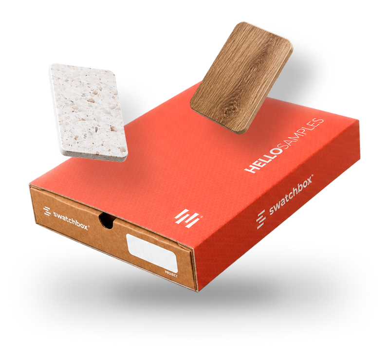 Swatchbox Hello Samples box floating with stone and timber samples